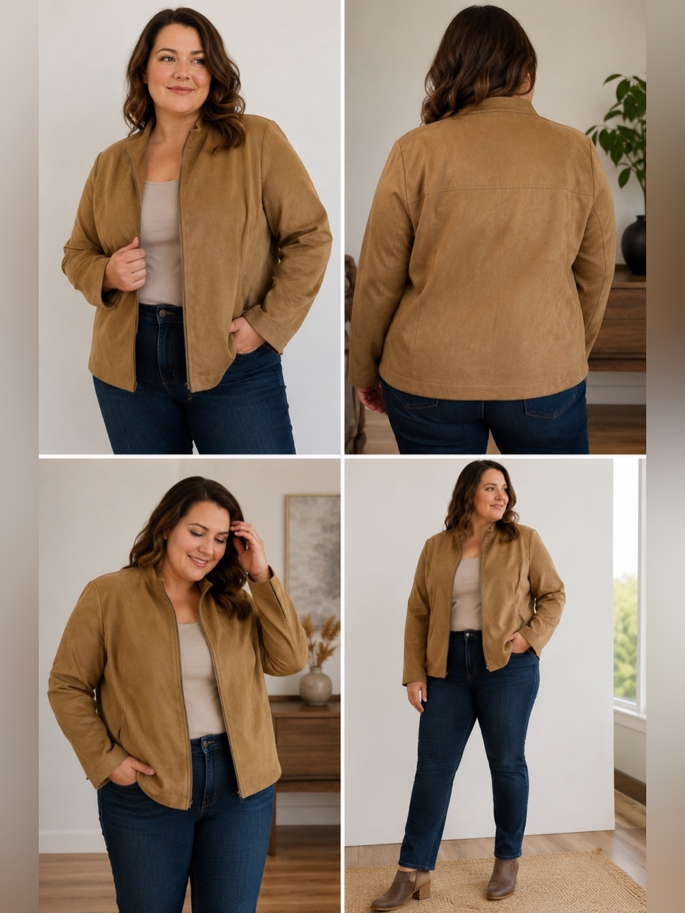 Amanda Smith Tan Faux Suede Zip Jacket | Plus Size 16W | Quiet Luxury Minimalist
